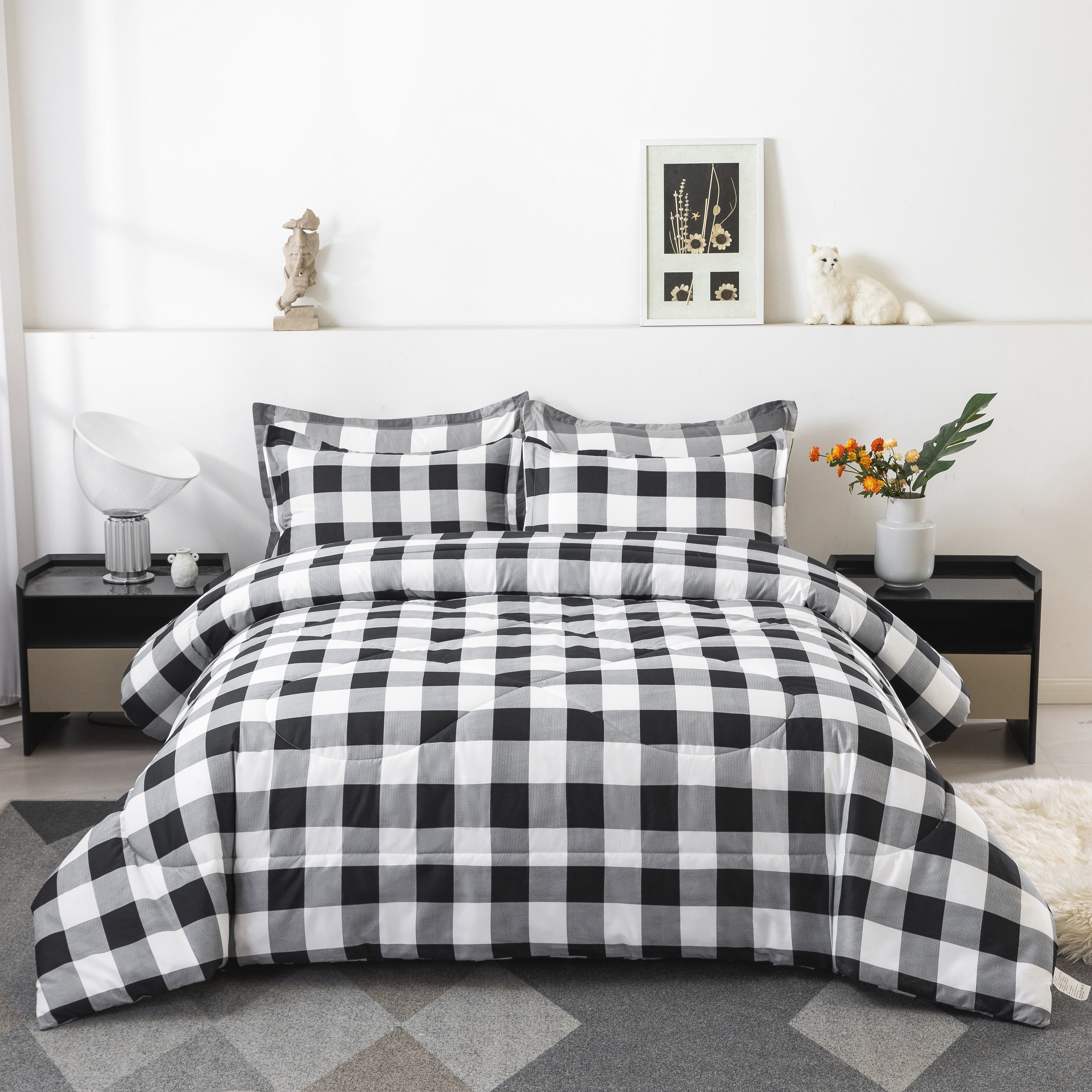 Set Biancheria Letto King Size LuckyBull - 3 Pezzi A Quadri Nero, Bianco, Grigio - Piumino Morbido In Microfibra Con Federe