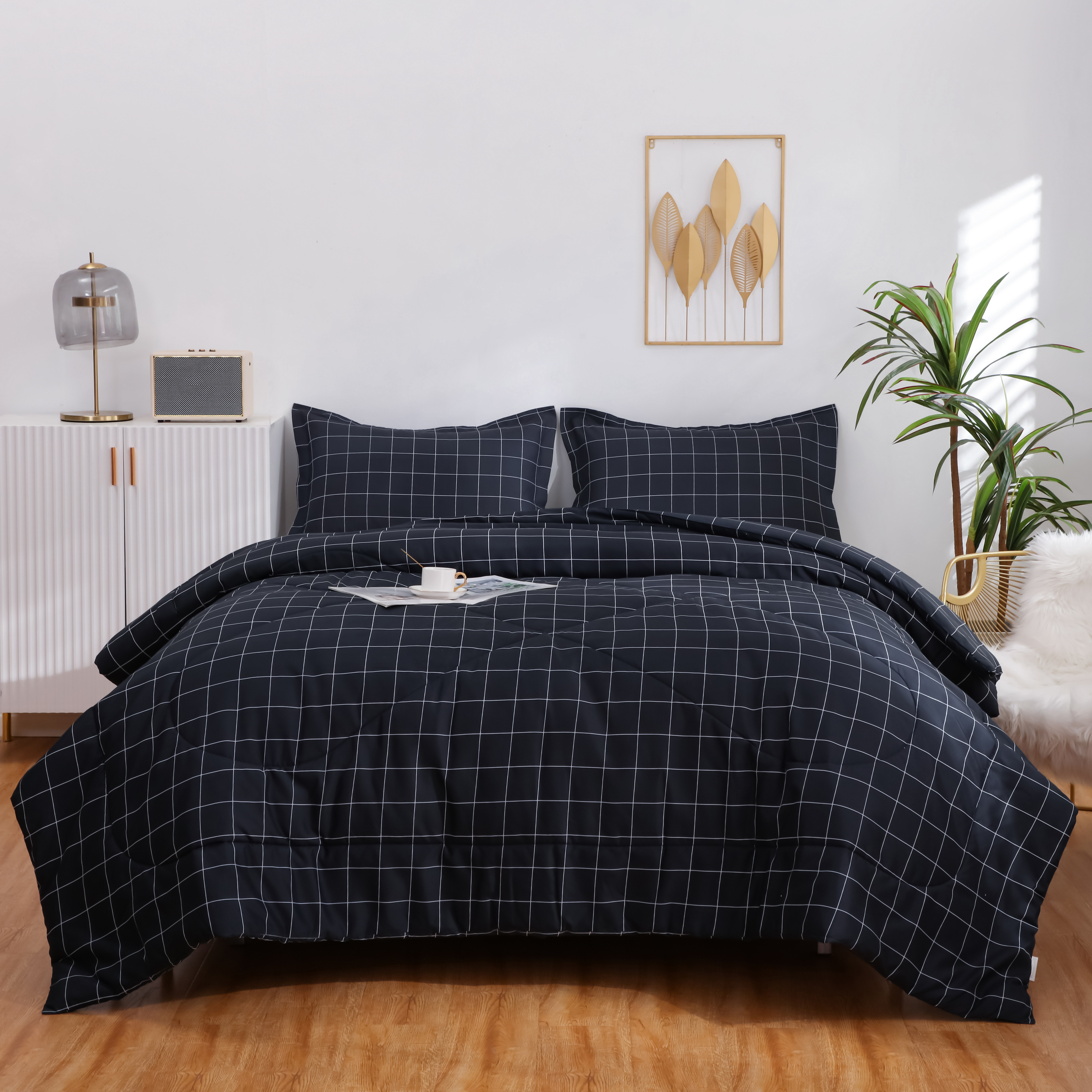 Set Biancheria Letto King Size LuckyBull - 3 Pezzi A Quadri Nero, Bianco, Grigio - Piumino Morbido In Microfibra Con Federe