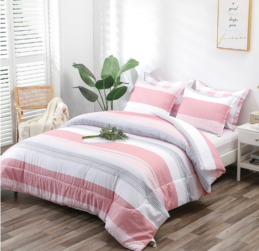 Luckybull Stripe Comforter Set King Size (104×90 Inch), 3 Pieces Pink and White Patchwork Striped Comforter, Soft Microfiber Down Alternative Comforter Bedding Set with Corner Loops